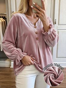 Linhara CURVE Atasan Lengan Panjang Berkerah V Beludru Merah Muda Ukuran Besar dengan Hiasan Rumbai, Blus Kasual Lembut untuk Perjalanan Sehari-hari di Musim Gugur - Dusty Pink - View 4