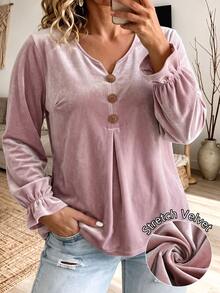 Linhara CURVE Atasan Lengan Panjang Berkerah V Beludru Merah Muda Ukuran Besar dengan Hiasan Rumbai, Blus Kasual Lembut untuk Perjalanan Sehari-hari di Musim Gugur - Dusty Pink - View 2