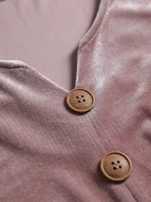 Linhara CURVE Atasan Lengan Panjang Berkerah V Beludru Merah Muda Ukuran Besar dengan Hiasan Rumbai, Blus Kasual Lembut untuk Perjalanan Sehari-hari di Musim Gugur - Dusty Pink - View 7