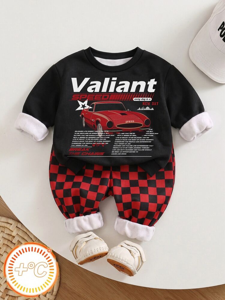 Baby Boy Round Neck Casual Comfortable Long Sleeve Sweatshirt & Thick Thermal Lined Pants Set, Suitable For Autumn/Winter, Classic Vintage Racing Poster Graphic Print, Classic Racing Culture Finish Line Black & Red Checkered Flag Graphic Print, Suitable For Streetwear - Multicolor - View 6