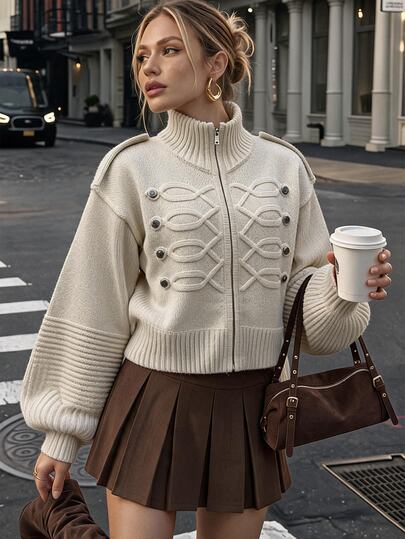 SHEIN Women's Street Commute Vintage Military Style Epaulette Decor Cream White Knit Stand Collar Zipper Lantern Sleeve Double-Breasted Metal Button Cable Knit Texture Short Cardigan, Women's Winter Jacket, Y2K Style, Streetwear, Zipper Design