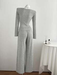Elamini Setelan Kasual Lengan Panjang Slim Fit Warna Abu-abu dengan Patchwork Renda dan Celana Panjang, Model Berlapis Renda untuk Musim Gugur/Dingin - Grey - View 2