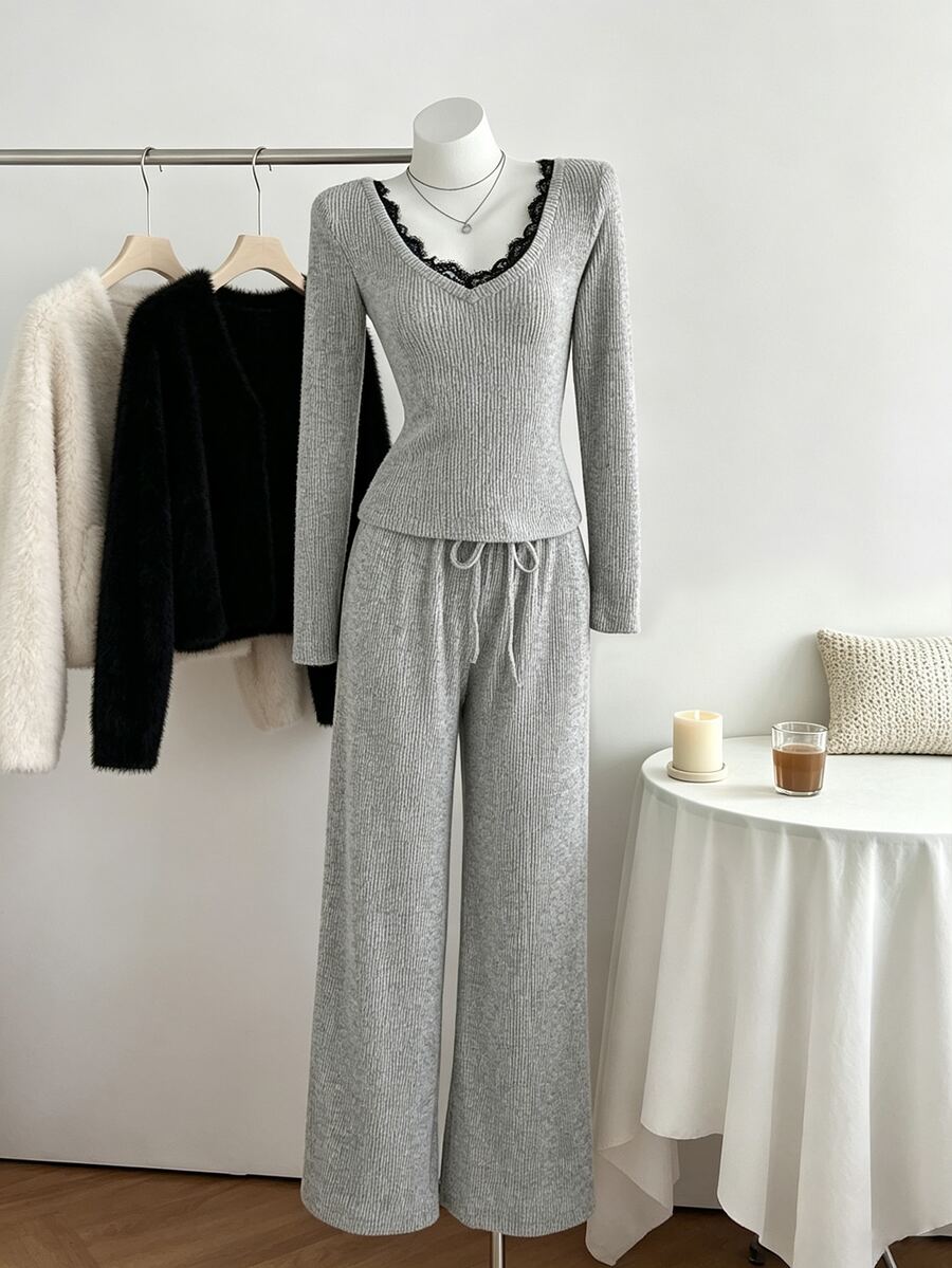 Elamini Setelan Kasual Lengan Panjang Slim Fit Warna Abu-abu dengan Patchwork Renda dan Celana Panjang, Model Berlapis Renda untuk Musim Gugur/Dingin - Grey - View 1