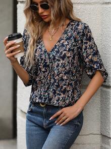 SHEIN LUNE Allover Print Roll Tab Sleeve Blouse - Navy Blue - View 3