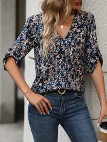 SHEIN LUNE Allover Print Roll Tab Sleeve Blouse - Navy Blue - View 4