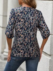 SHEIN LUNE Allover Print Roll Tab Sleeve Blouse - Navy Blue - View 2