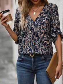 SHEIN LUNE Allover Print Roll Tab Sleeve Blouse - Navy Blue - View 1