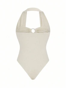 Elenzga Body de tirantes finos y espalda descubierta con estilo de sujetador, de textura rayada y color crema, con un toque dulce y picante, cómodo para la playa y vacaciones de verano - Albaricoque - Ver 3