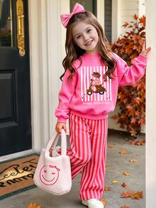 Young Girls Striped Sweatshirt Co-Ords, Fall, Autumn, School,Long Sleeve Tops & Striped Pants Set,Dog Pattern - Multicolor - View 3