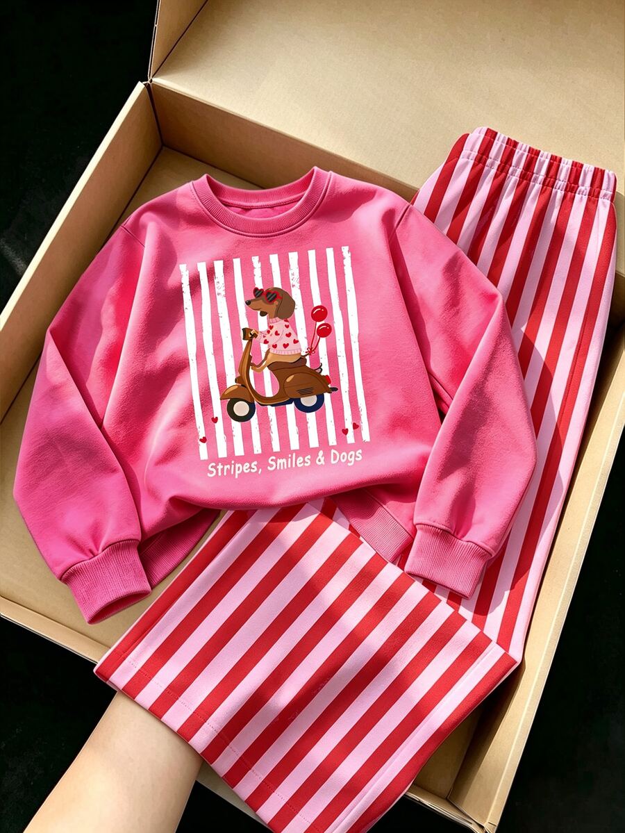 Young Girls Striped Sweatshirt Co-Ords, Fall, Autumn, School,Long Sleeve Tops & Striped Pants Set,Dog Pattern - Multicolor - View 1