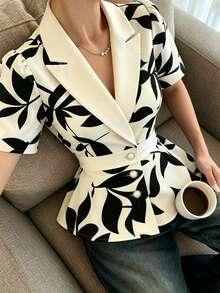 SHEIN LUNE 新款女士短袖翻领水印梭织轻薄优雅休闲外套 - 彩色 - 查看 3