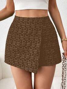 Selianne Textured Jacquard Elegant Commuter Solid Color Skorts, Valentine's Day - Brown - View 3