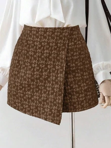 Selianne Textured Jacquard Elegant Commuter Solid Color Skorts, Valentine's Day - Brown - View 2