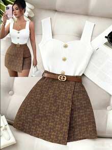 Selianne Textured Jacquard Elegant Commuter Solid Color Skorts, Valentine's Day - Brown - View 1
