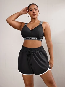 Solea Cove Celana Pendek Olahraga Kasual Wanita Ukuran Plus dengan Blok Warna dan Tali di Depan, Model Sweater. - Hitam - View 6