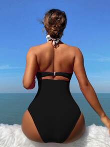 Swim Vcay Women's Contrast Color Hollow Out Criss-Cross Halter One-Piece Swimsuit - Black and White - View 2