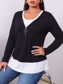 EMERY ROSE Plus Two Tone 2 In 1 Half Zip Tee Fall - Black and White - View 3