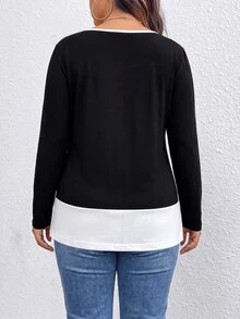 EMERY ROSE Plus Two Tone 2 In 1 Half Zip Tee Fall - Black and White - View 2