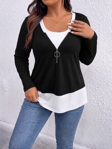 EMERY ROSE Plus Two Tone 2 In 1 Half Zip Tee Fall - Black and White - View 8