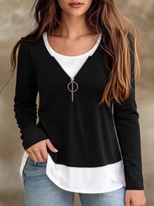 EMERY ROSE Plus Two Tone 2 In 1 Half Zip Tee Fall - Black and White - View 7