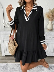 SHEIN LUNE Women's Autumn Winter Black White Stripe V Neck Long Sleeve Dress, Loose Babydoll Dress With Ruffle Hem, Casual Preppy Commuter Dress - Black - View 4