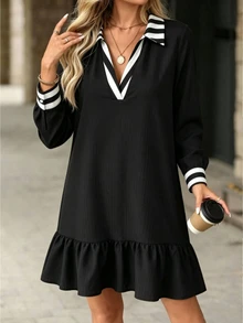 SHEIN LUNE Women's Autumn Winter Black White Stripe V Neck Long Sleeve Dress, Loose Babydoll Dress With Ruffle Hem, Casual Preppy Commuter Dress - Black - View 6