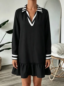 SHEIN LUNE Women's Autumn Winter Black White Stripe V Neck Long Sleeve Dress, Loose Babydoll Dress With Ruffle Hem, Casual Preppy Commuter Dress - Black - View 3