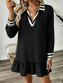 SHEIN LUNE Women's Autumn Winter Black White Stripe V Neck Long Sleeve Dress, Loose Babydoll Dress With Ruffle Hem, Casual Preppy Commuter Dress - Black - View 7