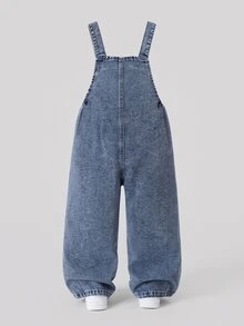 SHEIN Genkimix Kids Young Girl 1pc Heart Embroidery Bow Front Denim Overall Jumpsuit, Cute Sweet, Autumn Fall Back To School - Medium Wash - View 3