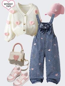SHEIN Genkimix Kids Young Girl 1pc Heart Embroidery Bow Front Denim Overall Jumpsuit, Cute Sweet, Autumn Fall Back To School - Medium Wash - View 4
