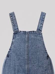 SHEIN Genkimix Kids Young Girl 1pc Heart Embroidery Bow Front Denim Overall Jumpsuit, Cute Sweet, Autumn Fall Back To School - Medium Wash - View 7