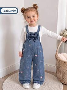 SHEIN Genkimix Kids Young Girl 1pc Heart Embroidery Bow Front Denim Overall Jumpsuit, Cute Sweet, Autumn Fall Back To School - Medium Wash - View 2