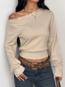 Coolane Sweater Beige Wanita Kasual untuk Musim Gugur/Dingin, Gaya Klasik, Desain Kancing Bahu Asimetris, dan Potongan Pinggang yang Pas - Khaki - View 4