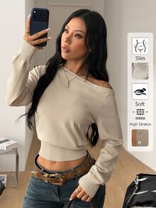 Coolane Sweater Beige Wanita Kasual untuk Musim Gugur/Dingin, Gaya Klasik, Desain Kancing Bahu Asimetris, dan Potongan Pinggang yang Pas - Khaki - View 5