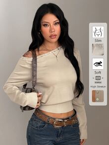 Coolane Sweater Beige Wanita Kasual untuk Musim Gugur/Dingin, Gaya Klasik, Desain Kancing Bahu Asimetris, dan Potongan Pinggang yang Pas - Khaki - View 3
