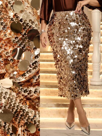 EMERY ROSE Plus Size Women's Elegant Autumn/Winter Party Sexy Sparkling Sequin Champagne Gold Skirt,Wedding Guest ,Night Out, Fall,Sexy Luxury Evening Skirt,Wome