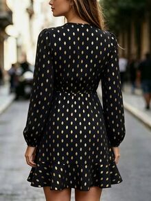 Velvienne Plus Size Vacation Print V-Neck Long Sleeve Elegant Dress Fall - Black - View 2