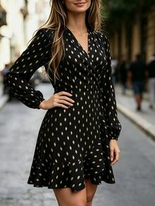 Velvienne Plus Size Vacation Print V-Neck Long Sleeve Elegant Dress Fall - Black - View 7