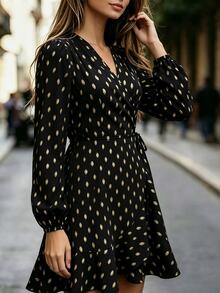 Velvienne Plus Size Vacation Print V-Neck Long Sleeve Elegant Dress Fall - Black - View 5