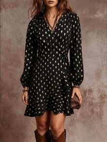 Velvienne Plus Size Vacation Print V-Neck Long Sleeve Elegant Dress Fall - Black - View 4