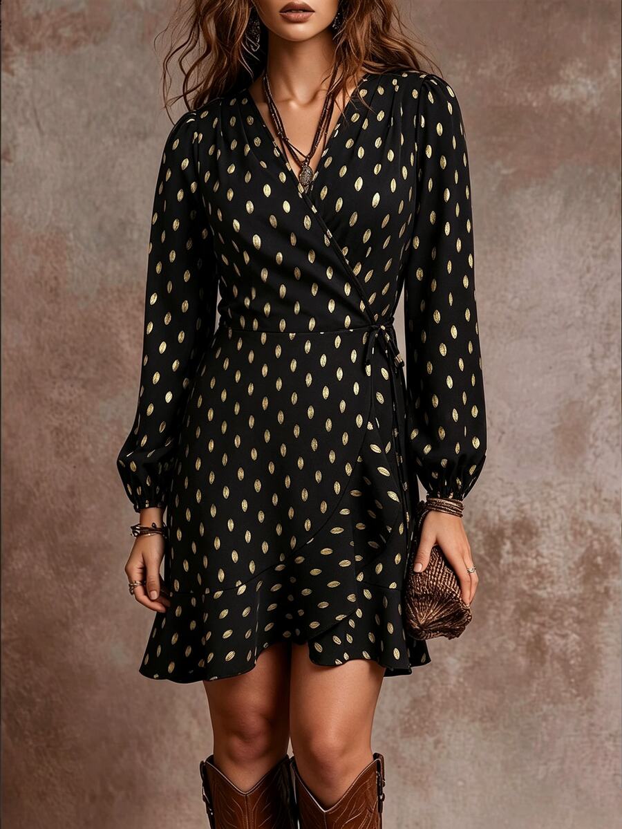 Velvienne Plus Size Vacation Print V-Neck Long Sleeve Elegant Dress Fall - Black - View 1