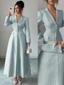 Elenzga 全新女式翻领长袖仿口袋前开 A 字长裙，休闲度假日常百搭青春优雅 - 灰藍色 - 查看 1