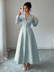 Elenzga 全新女式翻领长袖仿口袋前开 A 字长裙，休闲度假日常百搭青春优雅 - 灰藍色 - 查看 4
