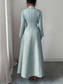 Elenzga 全新女式翻领长袖仿口袋前开 A 字长裙，休闲度假日常百搭青春优雅 - 灰藍色 - 查看 2