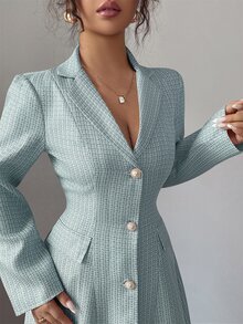 Elenzga 全新女式翻领长袖仿口袋前开 A 字长裙，休闲度假日常百搭青春优雅 - 灰藍色 - 查看 3