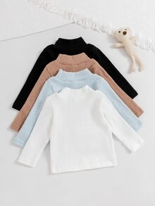 SHEIN Vintaside Kids 4件組男嬰針織羅紋套頭上衣與長褲套裝，白色、藍色、棕色、黑色，純色長袖小立領，休閒派對款，適合秋季、聖誕節、萬聖節與假期 - 彩色 - 查看 6