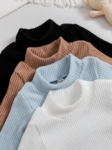 SHEIN Vintaside Kids 4件組男嬰針織羅紋套頭上衣與長褲套裝，白色、藍色、棕色、黑色，純色長袖小立領，休閒派對款，適合秋季、聖誕節、萬聖節與假期 - 彩色 - 查看 4