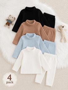 SHEIN Vintaside Kids 4件組男嬰針織羅紋套頭上衣與長褲套裝，白色、藍色、棕色、黑色，純色長袖小立領，休閒派對款，適合秋季、聖誕節、萬聖節與假期 - 彩色 - 查看 1