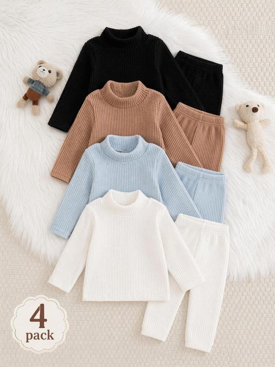SHEIN Vintaside Kids 4件組男嬰針織羅紋套頭上衣與長褲套裝,白色、藍色、棕色、黑色,純色長袖小立領,休閒派對款,適合秋季、聖誕節、萬聖節與假期 - 彩色 - 查看 1