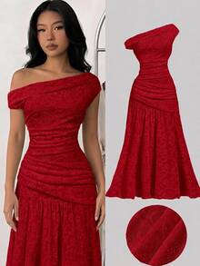 SHEIN Girlism Teen Girls Lace Trim Ruched Shoulder Elegant Long Dress, Suitable For Commute And Formal Occasions - Burgundy - View 2